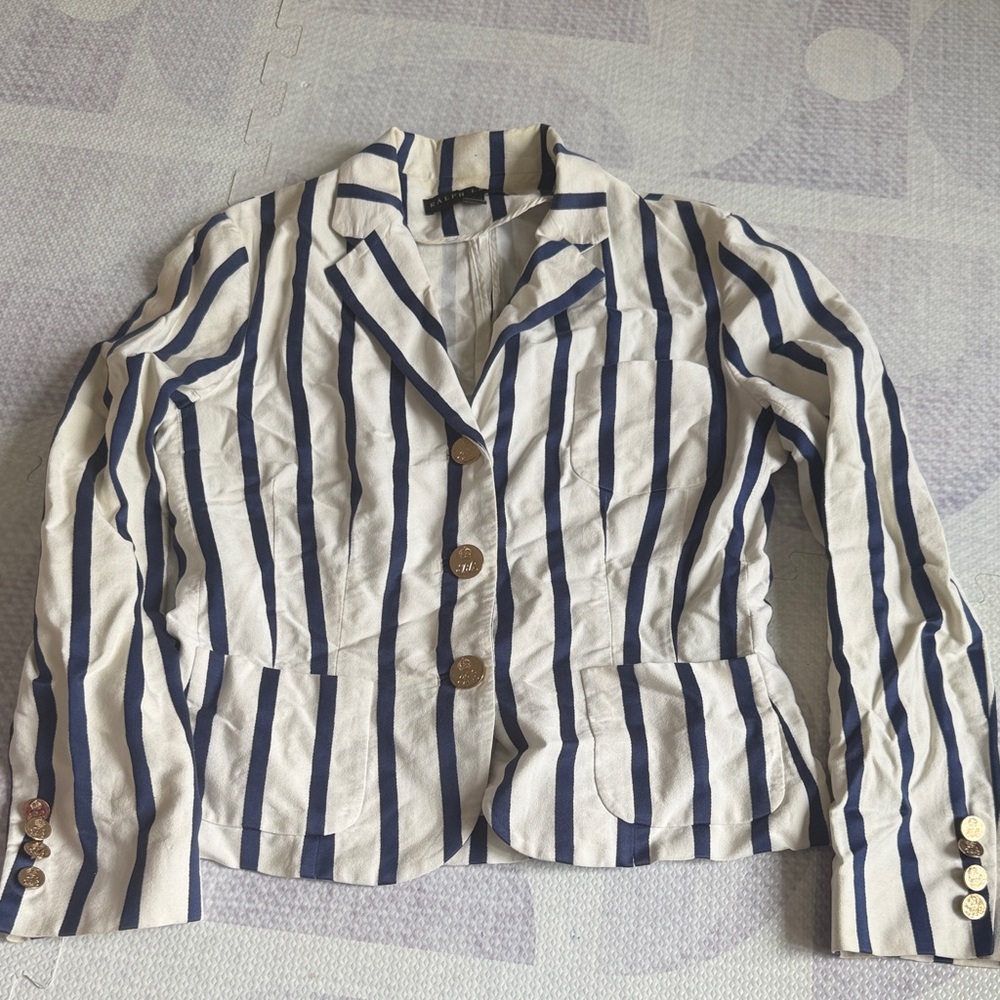 RALPH LAUStriped Navy and White Blazer Jacket - Women's Casual Tailored Coat